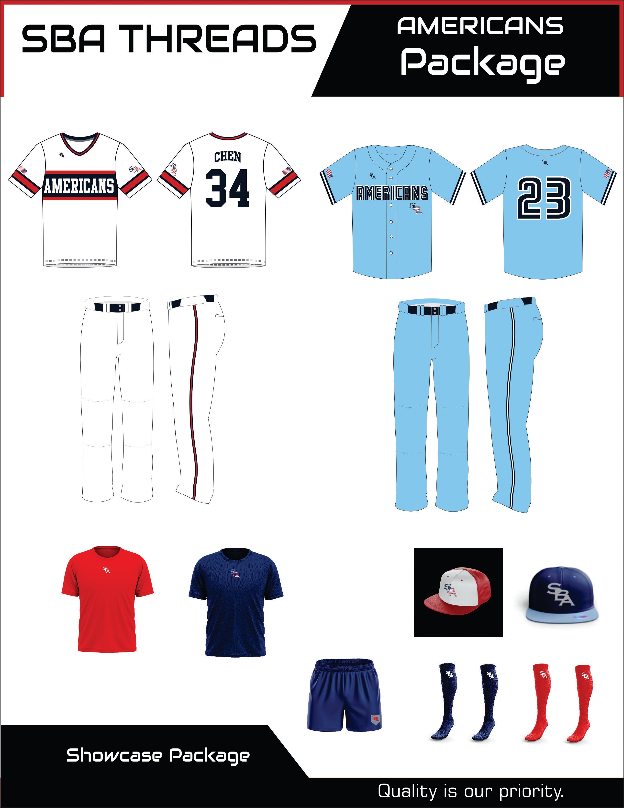 SHOWCASE BASEBALL ACADEMY UNIFORMS PACKAGE AMERICANS – SBA THREAD LLC